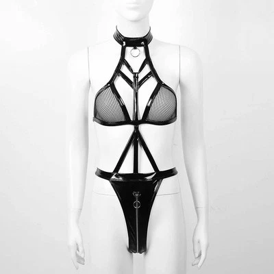 Unwiderstehlicher Damen Rückenfrei Neckholder Lackleder Body Dessous - Bild 1 von 4