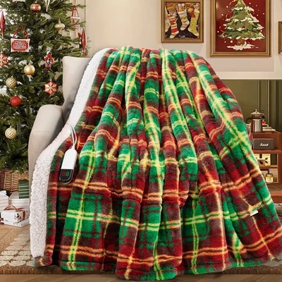 Faux Rabbit Fur Electric Heated Blanket King Size for Bed, Sherpa Buffalo Pla... - Image 1 of 4