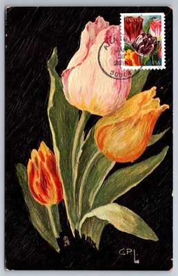 #5043 Arte Botánico Rojo Púrpura Rosa Tulipanes FDC Maxi Tarjeta en Tucks De Colección PC Foto 1 de 2
