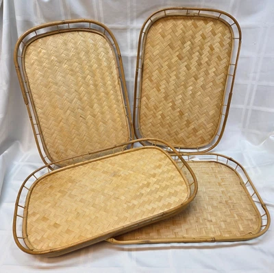 Juego de 4 bandejas tejidas de mimbre vintage de ratán de bambú estilo TIKI para servir TV Foto 1 de 4