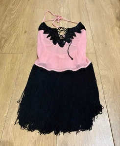 Showgirl Träger Kostüm Burlesque rosa schwarz mit Fransen - Bild 1 von 5