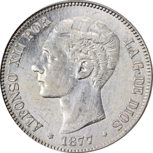 Spain 1877 DEM Five (5) Pesetas ICG AU58 Details KM#676 - Cleaned - Picture 1 of 4