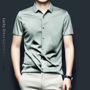 Camicia vera seta manica corta uomo estiva business formale bottoni seta ghiaccio camicia - Foto 1 di 31