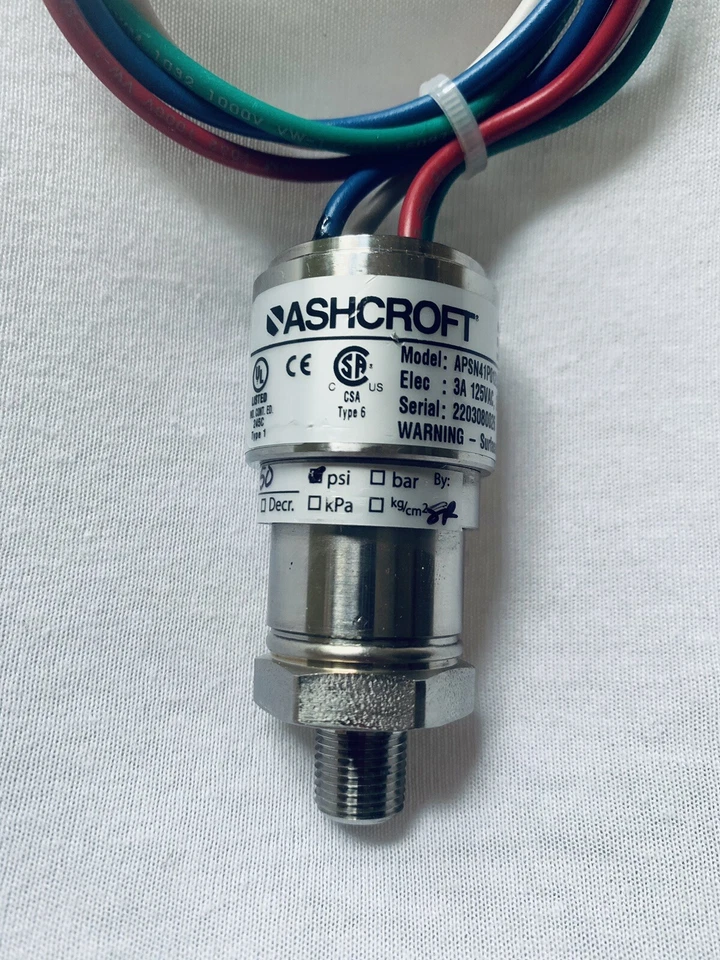 Ashcroft, APSN41P012LS01100#-50R, датчик давления, 0-100 фунтов на квадратный дюйм, 3 А 125 В переменного тока 2 А 30 В постоянного тока - Изображение 1 из 4