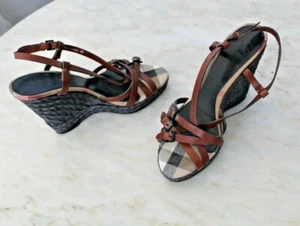 SIZE 41 BURBERRY BROWN STRAPPY LEATHER SIGNATURE CHECK BLACK ESPADRILLE WEDGES🦄 - Picture 1 of 12