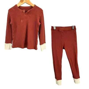 Fin + Vince Pajamas Organic Cotton Thermal Waffle Henley 2 Piece Set Rust 4-5 - Picture 1 of 8