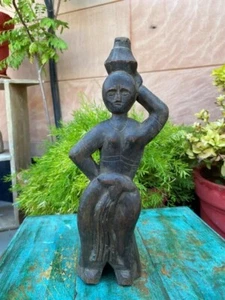 Antique Wooden Hand Craved Indian Women Carrying Water Pot Sculpture Statue - Picture 1 of 7