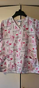 Scrub Top Shirt Womens medium white pink breast cancer ribbon heart short sleeve - Picture 1 of 12