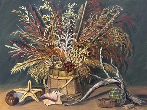 GROSSES Strand Stillleben Original Ölgemälde Pat Puckett, Vintage Fine Art Geschenke - Bild 1 von 16