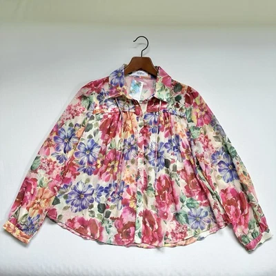 Blusa floral abotonada transparente manga larga flor silvestre para mujer talla pequeña” Foto 1 de 4