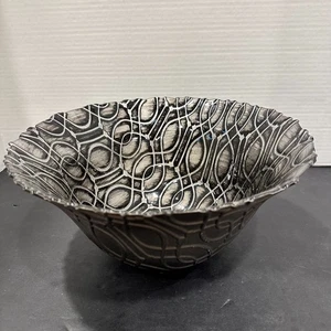 Modern Decorative Bowl Silver Black Geometric Textured 11" Centerpiece - Picture 1 of 11