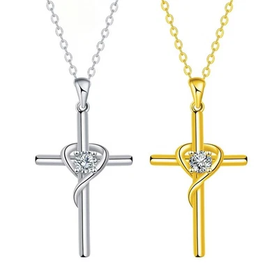 Colar cruzado feminino coração Bling 5A CZ pingente de pedra de aniversário joia cristã - Imagem 1 de 4