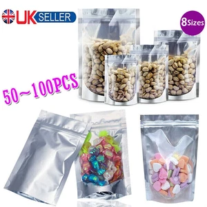 Clear Silver Resealable Stand Up Foil Mylar Zip Lock Heat Seal Food Bags Pouch - Picture 1 of 17