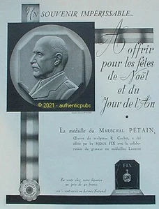 PUBLICITE BIJOUX FIX MEDAILLE DU MARECHAL PETAIN SCULPTEUR COCHET DE 1941 AD PUB - Imagen 1 de 2