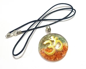 Green Aventurine & Carnelian Natural Chakra Stone OM Orgone Pendant - Picture 1 of 9