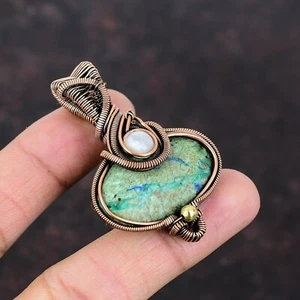 Oval Azurite Malachite Stone Rainbow Moonstone Copper Wire Wrapped Wife Pendant - Picture 1 of 6
