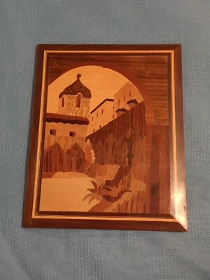 Vintage wood inlay picture of old church mission 15.5" by 11.5" Made in Italy  — 第 1/4 张图片