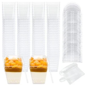 100 Pack 5oz Plastic Dessert Cups with Lids and SpoonsClear Square Parfait Cu... - Picture 1 of 7