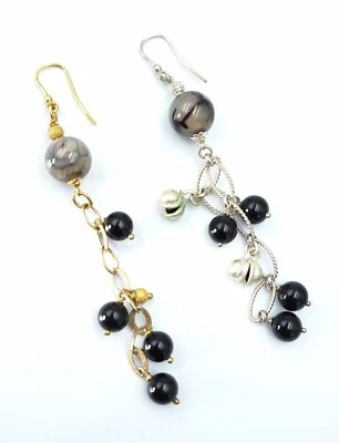 Antichi Orecchini Donna Pendenti In Argento 925 Dorato Agata E Onice Naturale  - Immagine 1 di 4