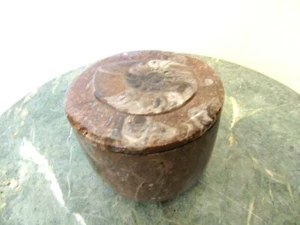 HAND CARVED BOX FROM FOSSIL STONE WITH FOSSIL SNAIL AMMONITE AND TRILOBITE - Bild 1 von 7