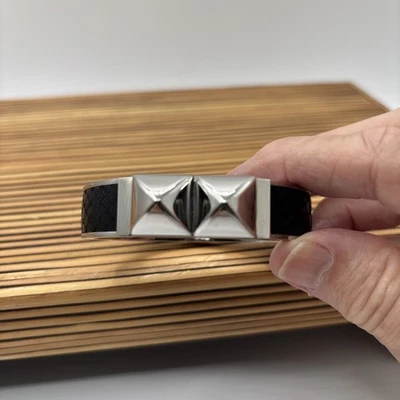 Michael Kors Silver + Black Python Leather Stud Bangle Bracelet  - Image 1 of 4