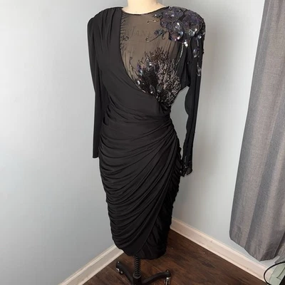 Vtg Casadei Low Back Ruched Black Dress Beaded Sheer Shoulder Stretch Peacock 12 - Image 1 of 4