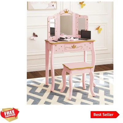 Compact Pink Kids Vanity Table with Unbreakable Mirror - Perfect Gift for Girls - Image 1 of 4