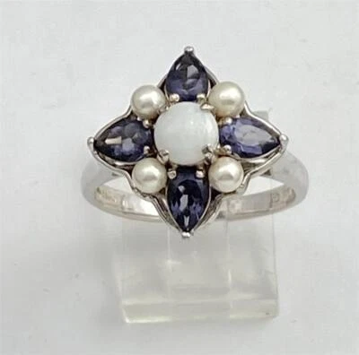 925 Sterling Silver Opal, Pearl & Purple Gemstones Ring Size 10 - Image 1 of 4