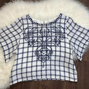 Anthropologie Moon River Damen XS Leinen marineblau elfenbeinkariert besticktes Oberteil - Bild 1 von 12