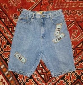Vintage RARE Y2K Dollar Bills Jeantonic Money Shorts Denim Jean Waist Size 29" - Picture 1 of 6