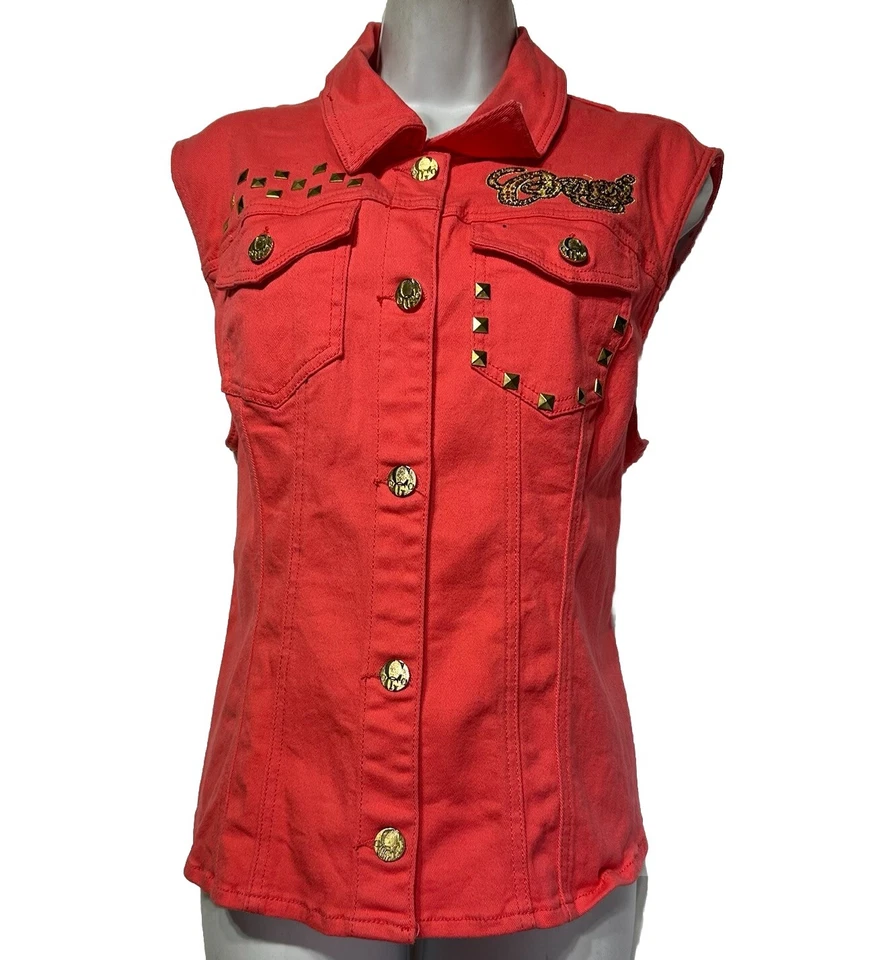 Vintage Coogi Orange Denim Vest 2X Sleeveless Studded Embroidered Hip Hop Y2K - Image 1 of 4
