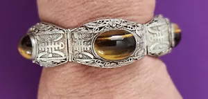 Lg Vintage Chinese Export Link Bracelet Silver & Genuine Tigers Eye Filigree 63g - Picture 1 of 19