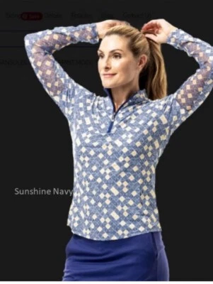 SAN SOLEIL SANSOLEIL WOMEN’S 900463 SOLCOOL PRINT MOCK, 1/4 ZIP, SZ LARGE SUNSHINE NAVY NEW