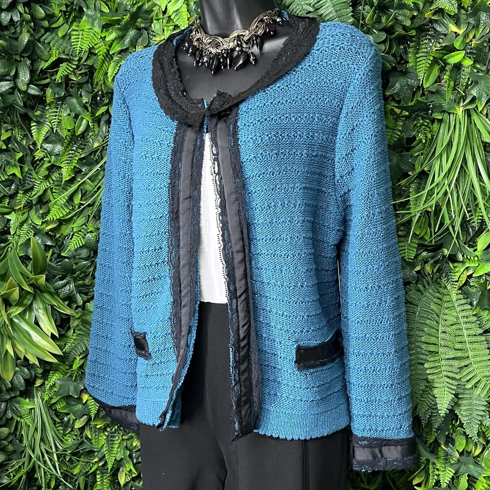 Y2K BANDOLINO Sweater Women Medium Teal Blue Knit Cardigan Ribbon Lace 2076 - Image 1 of 4