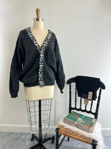 Vintage SISLEY Italy Gray Wool Grunge Boyfriend Cardigan Sweater - Picture 1 of 8