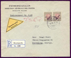 ICELAND 1937, 50aur par de correo aéreo atado en regla a Suecia - Imagen 1 de 1