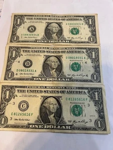 3- 2006 Series $1 Dollar Notes Fancy Serial #s A58830934B-D08019331A-C81265616F - Picture 1 of 2