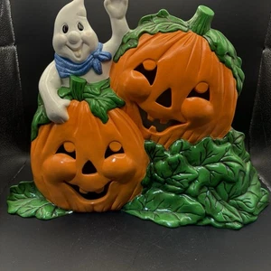 Vintage Ceramic Halloween Ghost & Pumpkins Light Up Decor Jack O Lantern 14” - Picture 1 of 10