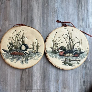 Pair of Vintage Duck Embroidery Wall Hangings 10” Cabin Lake House Decor - Picture 1 of 7