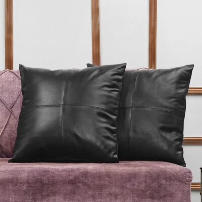 Soft Lambskin Black Leather Throw Pillow Cover Sofa Cushion Case Room & Bedroom Foto 1 de 4