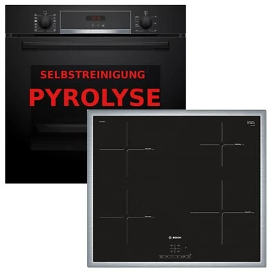 Herdset Induktion Pyrolyse Bosch Einbau Backofen Schwarz + Kochfeld mit Rahmen - Bild 1 von 4