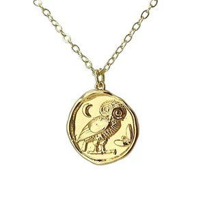 14K vergoldet Münze Eule Halskette zierlich minimalistisch Athene Schmuck Bohème Boho - Bild 1 von 11