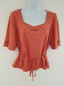 Vintage Shirt Blouse Floral Linen Cotton Blend Coral Size 14 Bavarian Oktoberfes - Picture 1 of 17