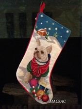 White Frenchie Bulldog Needlepoint Christmas Stocking NWT