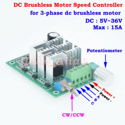 DC 5V 12V 24V 3-Phase Brushless Motor Speed Controller Driver CW CCW Reversible - Image 1 of 4