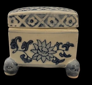 Vintage blau & weiß Chinoiserie Keramik Tee Caddy Schmuckkästchen Behälter Aufbewahrung - Bild 1 von 7