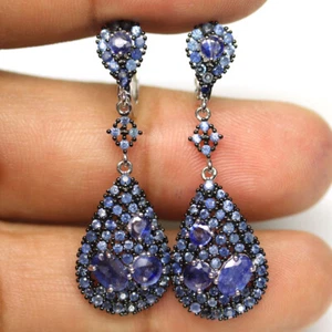 925 Sterling Silver Blue Sapphire Two Tone Earrings White - Black Gold Coated - Picture 1 of 4