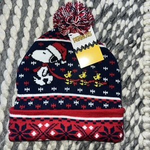 Peanuts Snoopy & Woodstocks Beanie Hat Adult One Size Blue Red Knit Pom NWT - Picture 1 of 3