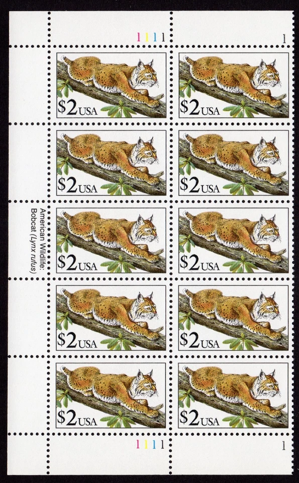 Scott #2482 $2 Bobcat Plate Block (Half Sheet) of 10 Stamps - MNH P#1111-1 Left - Image 1 of 1