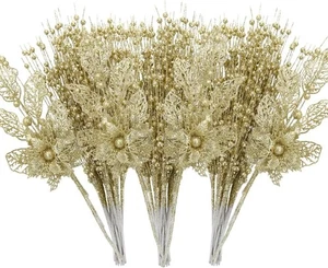 ROSELEAF 28 Pack Artificial Glitter Berry Stem Ornaments, Gold Christmas Ornamen - Picture 1 of 6